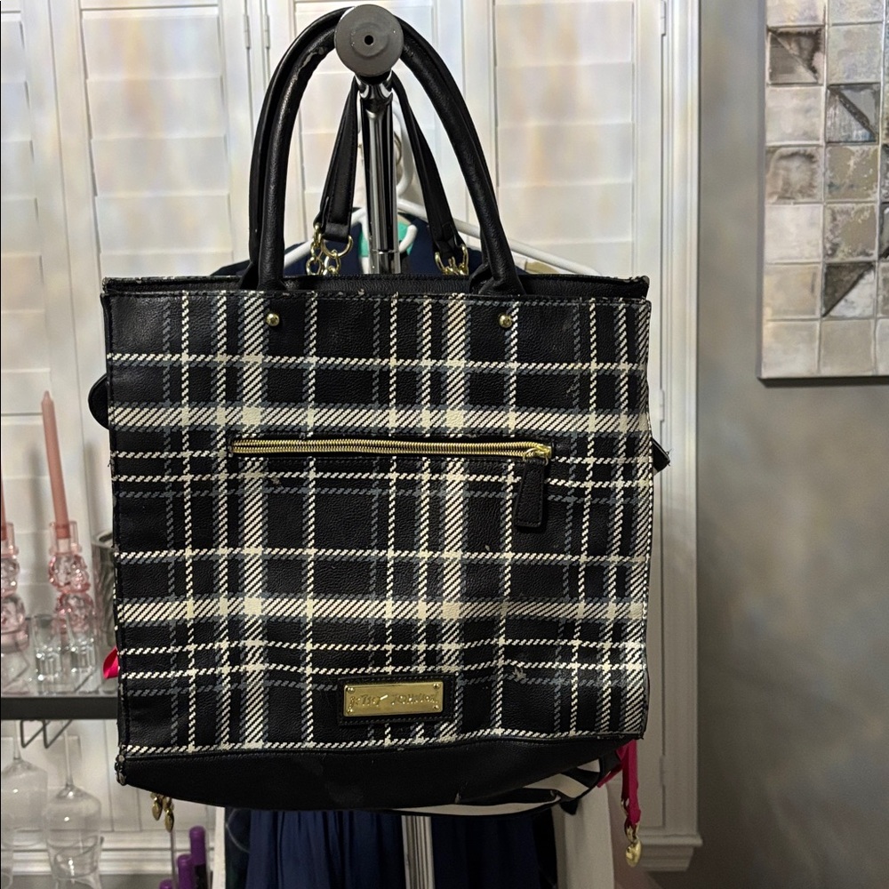 Betsey Johnson Black and White Checkered Bag with Gold Plate